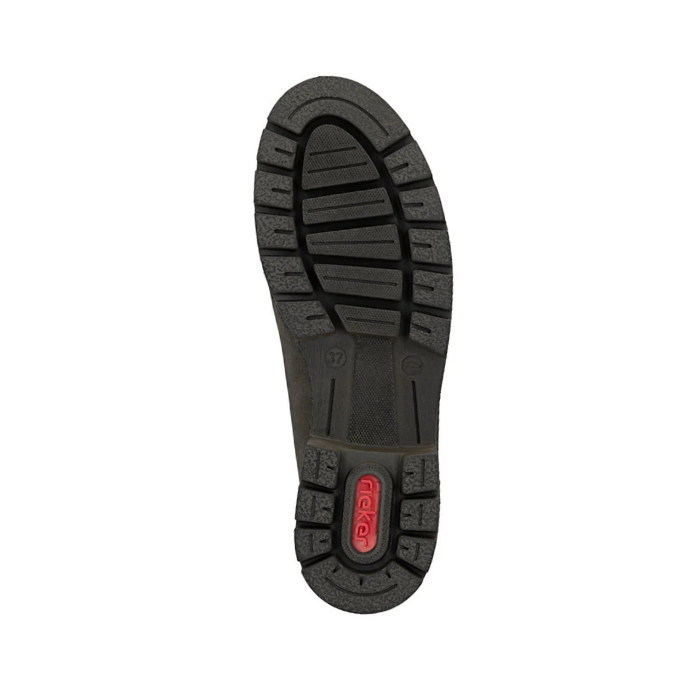 Black deep treaded outsole with red Rieker logo stamped in heel.