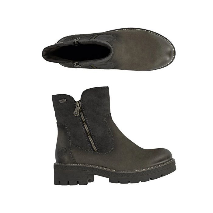 Pair of dusted dark grey lace-up ankle boots with a mix of smooth leather and textured suede panels, dual zippers and lugged outsole.
