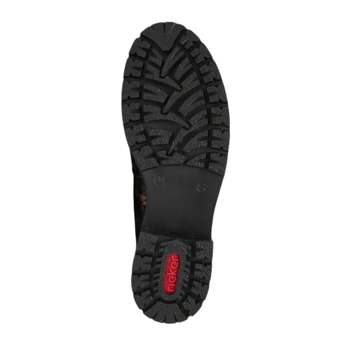 Black rubber outsole with deep tread and red Rieker logo on heel.