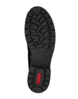 Black rubber outsole with deep tread and red Rieker logo on heel.