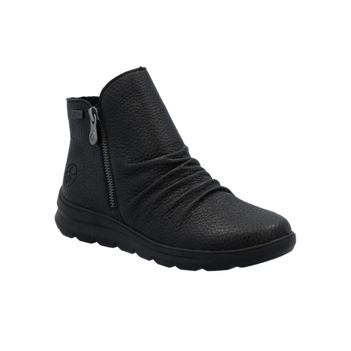 Black ankle boot with side zippers, scrunched accents on foot and thick rubber outsole.