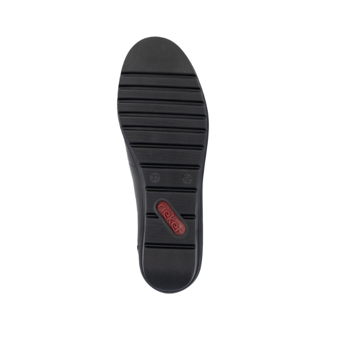 Black rubber outsole with red Rieker logo in heel.