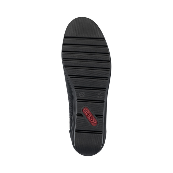 Black line treaded outsole with red rieker logo on heel.
