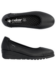 Pair of Black ballet style shoes with low wedge heel and Rieker metal emblem on side.