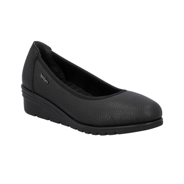 Black ballet style shoe with low wedge heel and Rieker metal emblem on side.