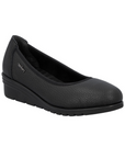 Black ballet style shoe with low wedge heel and Rieker metal emblem on side.