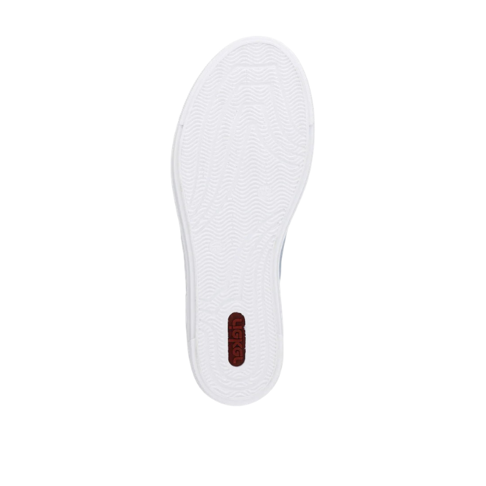 White light treaded outsole with red Rieker logo on heel.