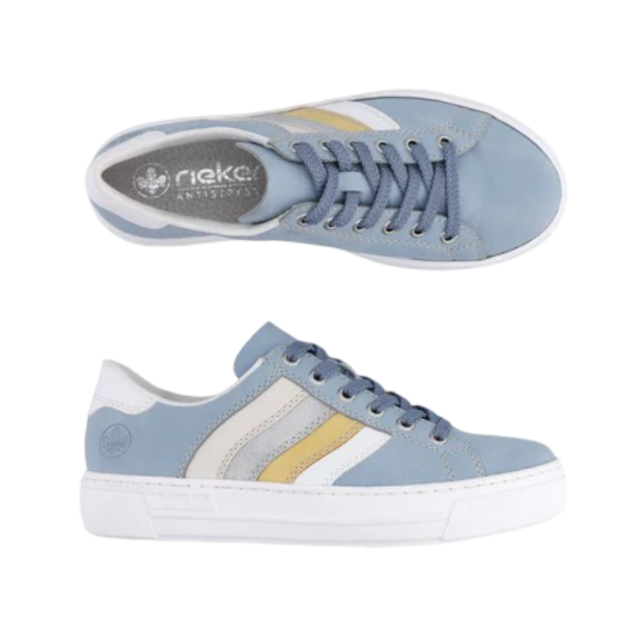 Pair of Blue sneakers with grey, beige, white and yellow stripes on side, navy laces, grey Rieker logo'd footbed and white outsole.