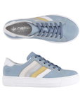 Pair of Blue sneakers with grey, beige, white and yellow stripes on side, navy laces, grey Rieker logo'd footbed and white outsole.