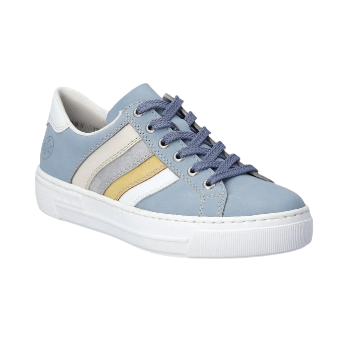 Blue sneaker with grey, beige, white and yellow stripes on side, navy laces and white outsole.