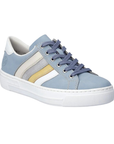 Blue sneaker with grey, beige, white and yellow stripes on side, navy laces and white outsole.