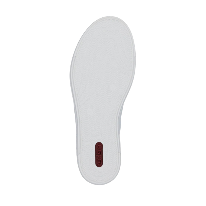 White light treaded outsole of sneaker with red Rieker logo on heel.
