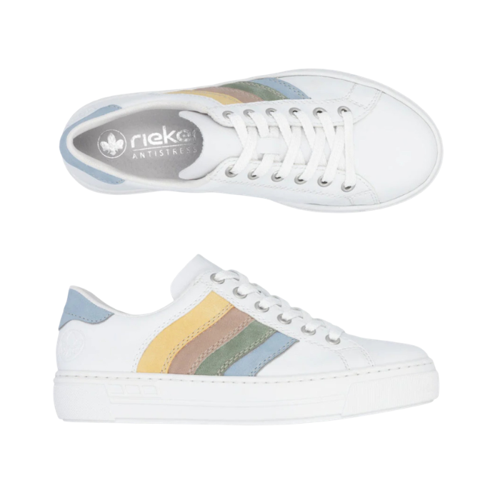 Pair of White sneakers with colorful rainbow stripes on side, white laces, grey Rieker logo'd footbed and white outsole.