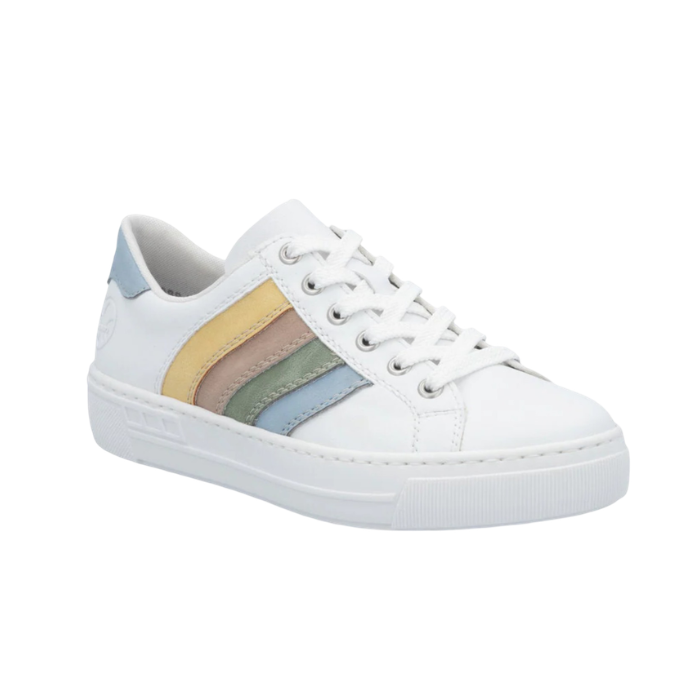White sneaker with colorful rainbow stripes on side, white laces and white outsole.
