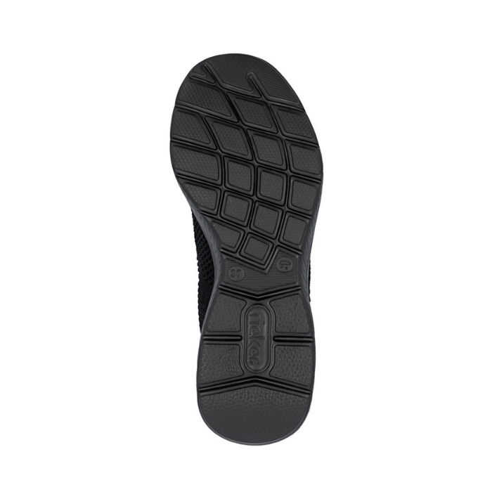 Black rubber light treaded outsole with Rieker logo stamped on heel.