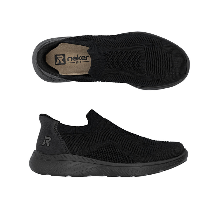 Pair of black slip on mesh sneaker with tan Rieker logo'd footbed and a black rubber outsole.