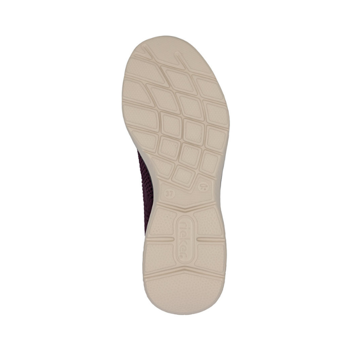 Beige rubber light treaded outsole with Rieker logo on heel.