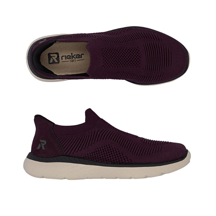 Pair of Burgundy slip on mesh sneakers with tan Rieker logo&#39;d footbed and beige rubber outsole.
