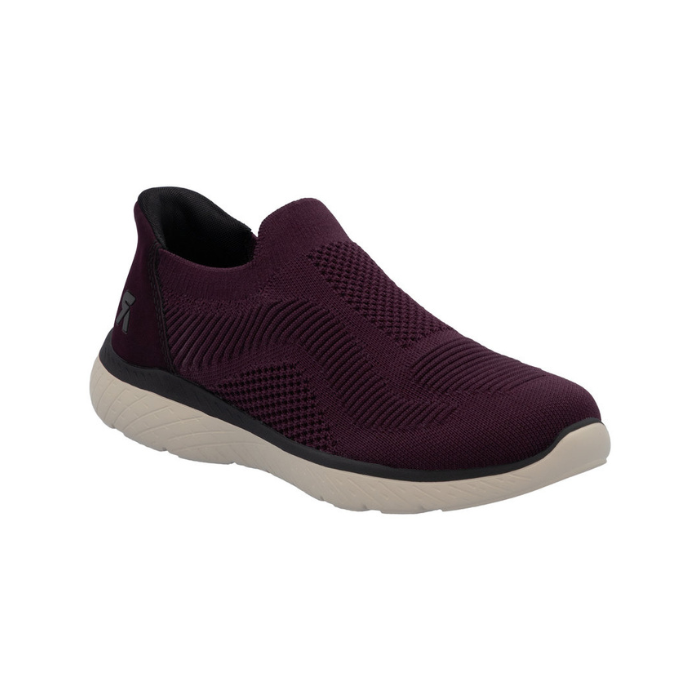 Burgundy slip on mesh sneaker with beige rubber outsole