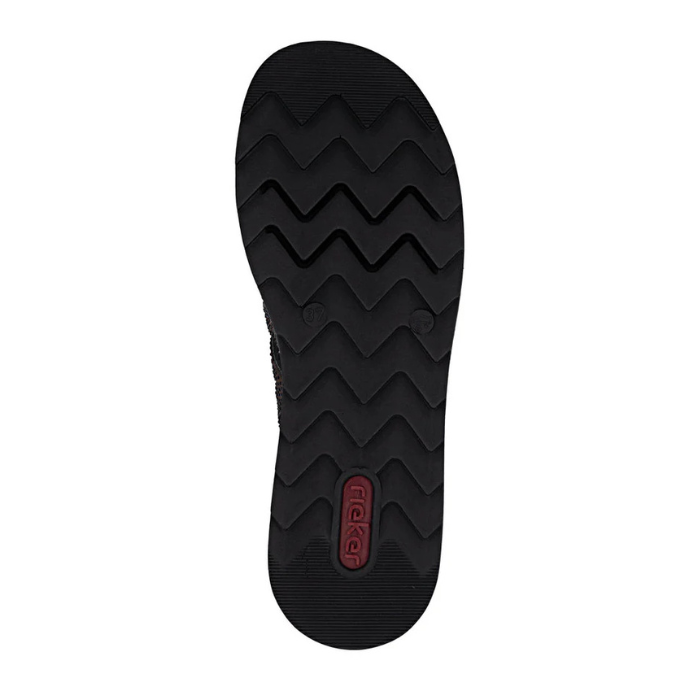 Black wave pattern treaded outsole with red Rieker logo on heel.