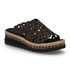 Brown perforated slide sandal with small black rhinestones, black Rieker logo'd footbed, brown cork midsole with partial jute wrap, black line pattern and a thick black outsole.