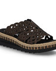 Brown perforated slide sandal with small black rhinestones, black Rieker logo'd footbed, brown cork midsole with partial jute wrap, black line pattern and a thick black outsole.