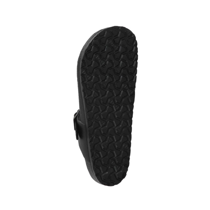 Black geometric pattern outsole of EVA thong sandal.