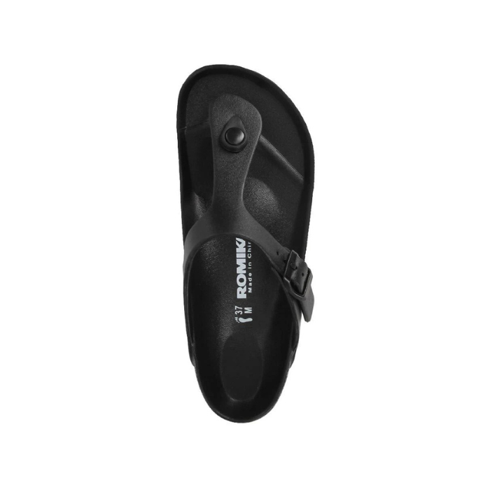 Black thong EVA sandal with buckle strap, Romika logo on footbed and thin outsole.