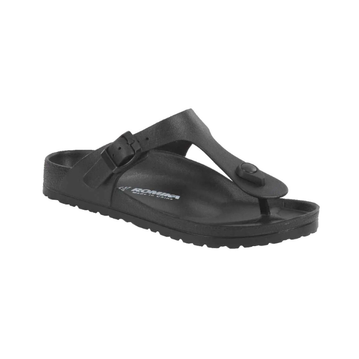Black thong EVA sandal with buckle strap and thin outsole.