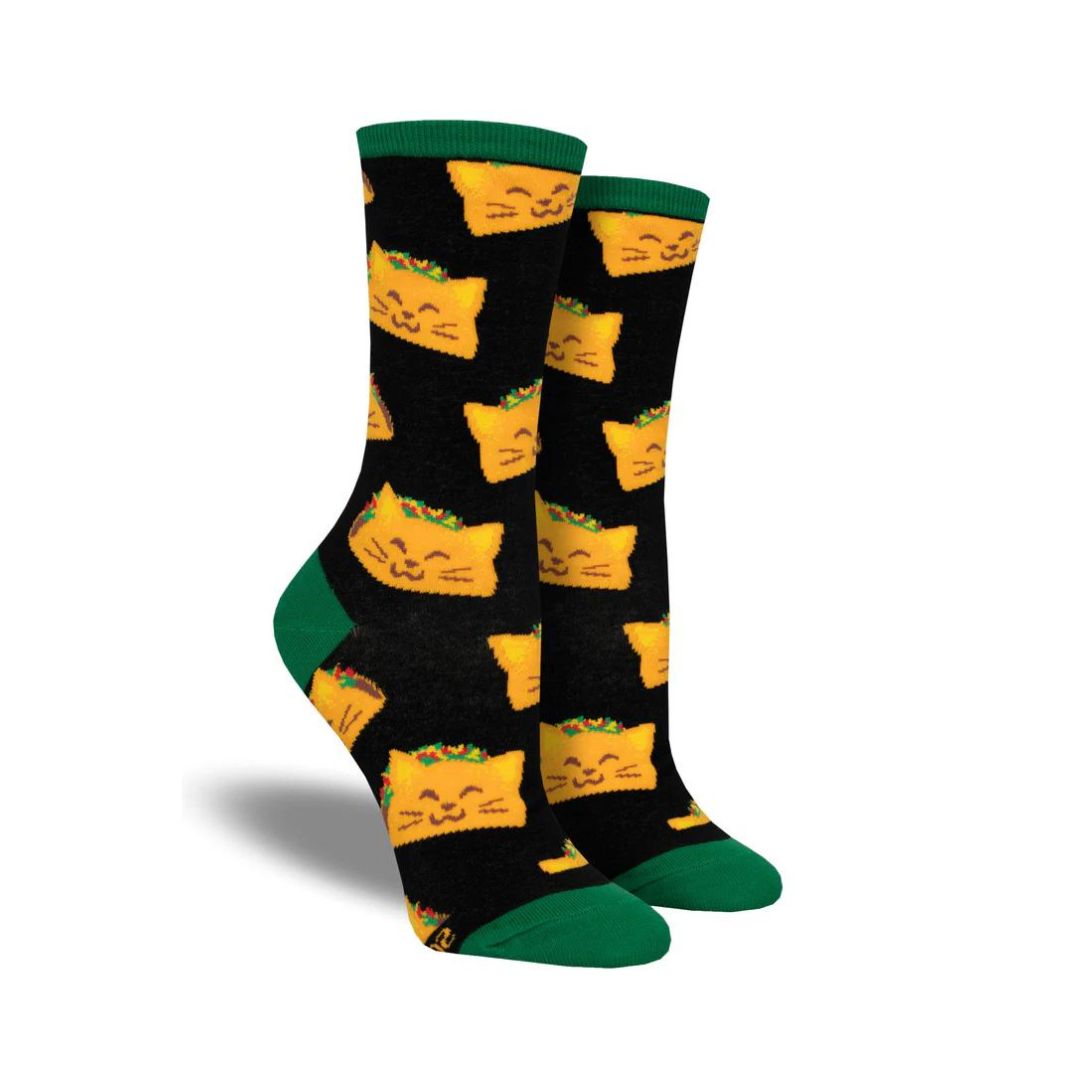 Socksmith Women's Cat Taco Socks featuring yellow cat taco designs on a black background with green accents. Available at White-Balmer Shoes.