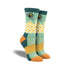 Socks with a bee and honeycomb design in green, yellow, and orange tones. 