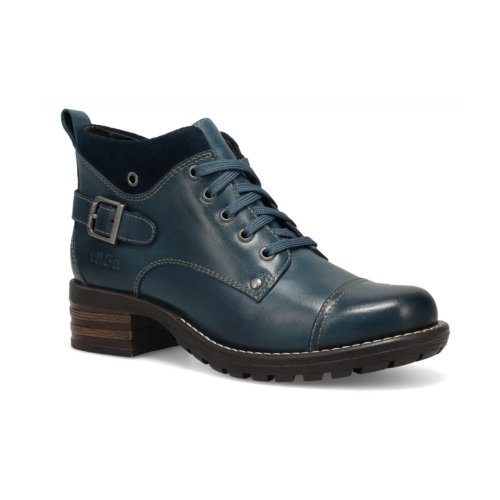 Blue leather lace-up boot with a buckle at heel and brown low block heeled outsole.