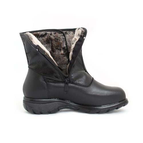 A black mid-calf black leather boot with a zipper, Velcro closure and fur lining.