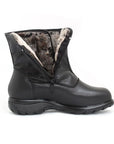 A black mid-calf black leather boot with a zipper, Velcro closure and fur lining.