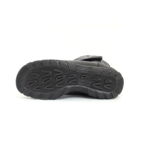 Black treaded outsole with geometric pattern.