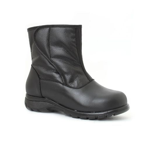 A black mid-calf black leather boot with a zipper and Velcro closure.