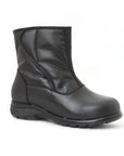 A black mid-calf black leather boot with a zipper and Velcro closure.