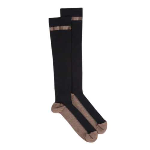 Black knee-high socks with copper accents.