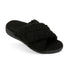 Slipper in black with plush terrycloth crisscross straps and soft lined footbed.