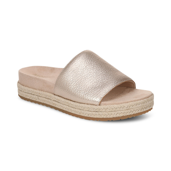 Gold slide espadrille sandal with tan footbed.