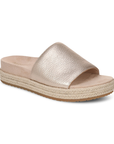 Gold slide espadrille sandal with tan footbed.