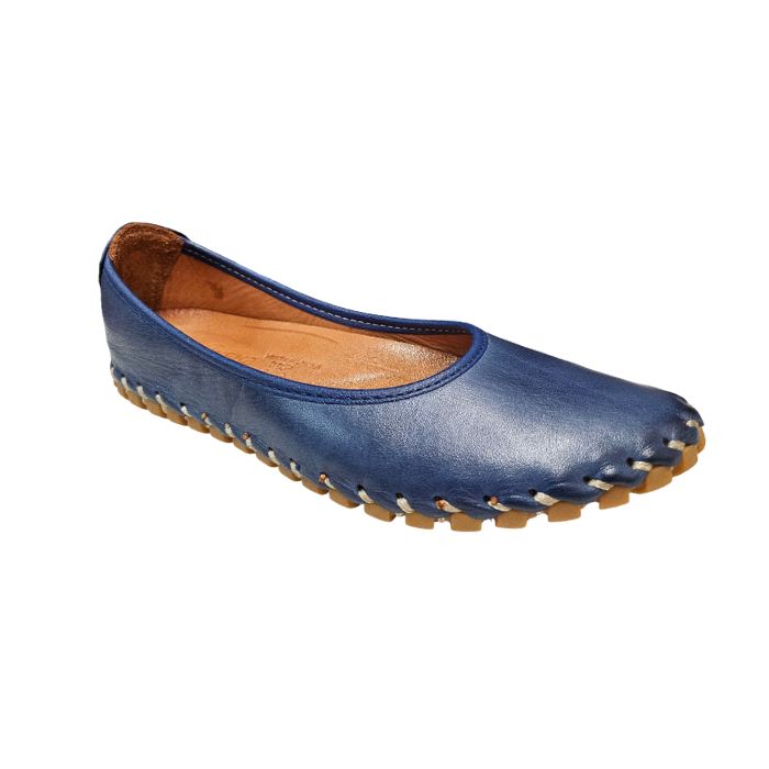 Navy leather ballet flat with tan footbed and off-white accent stitching to attach rubber outsole.