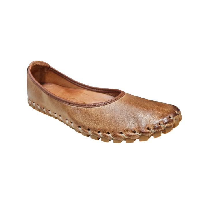 Brown leather ballet flat with tan footbed and off-white accent stitching to attach rubber outsole.