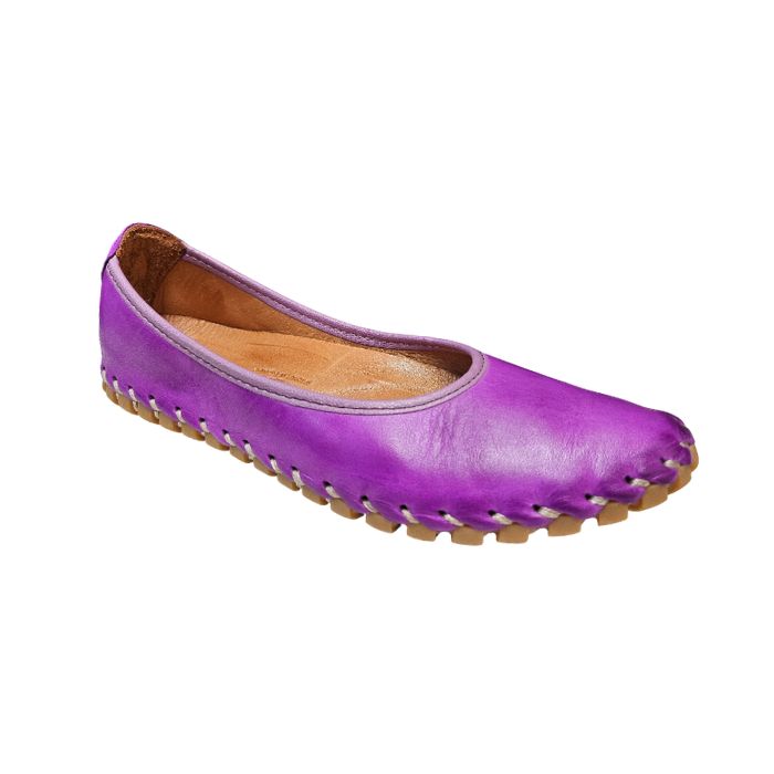 Purple leather ballet flat with tan footbed and off-white accent stitching to attach rubber outsole.