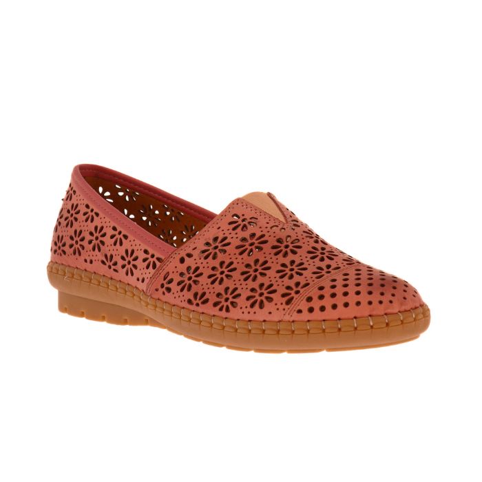 Orange flat with floral perforations and elastic triangle on top of instep with thick rubber outsole.