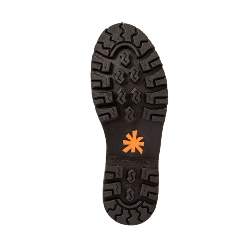 Black deep treaded outsole with orange splatter "Art" logo in middle.