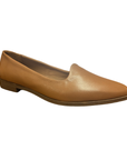 Beige leather flat with swoop vamp and brown slight heel lift outsole.