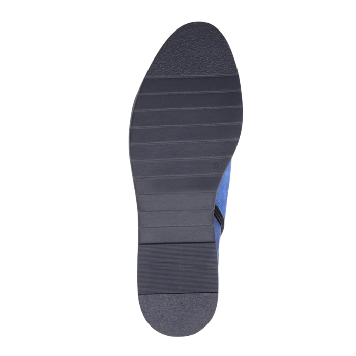 Black rubber light treaded outsole of ankle boot.