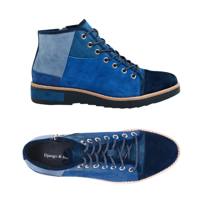 Pair of high-top patchwork ankle boots featuring suede panels in varying shades of blue, with blue laces and a black outsole.