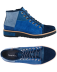 Pair of high-top patchwork ankle boots featuring suede panels in varying shades of blue, with blue laces and a black outsole.